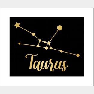 Taurus Zodiac Constellation in Gold - Black Posters and Art